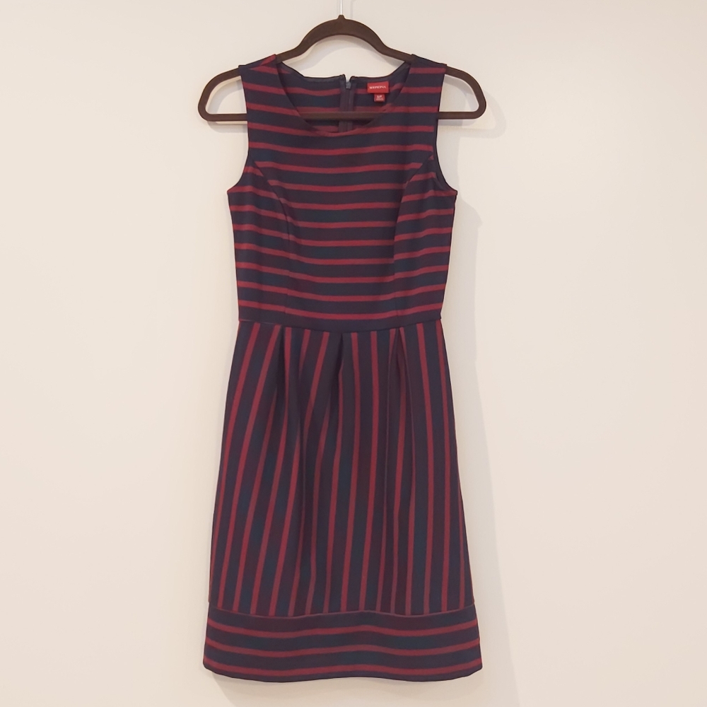 Navy & maroon striped pocketed dress
